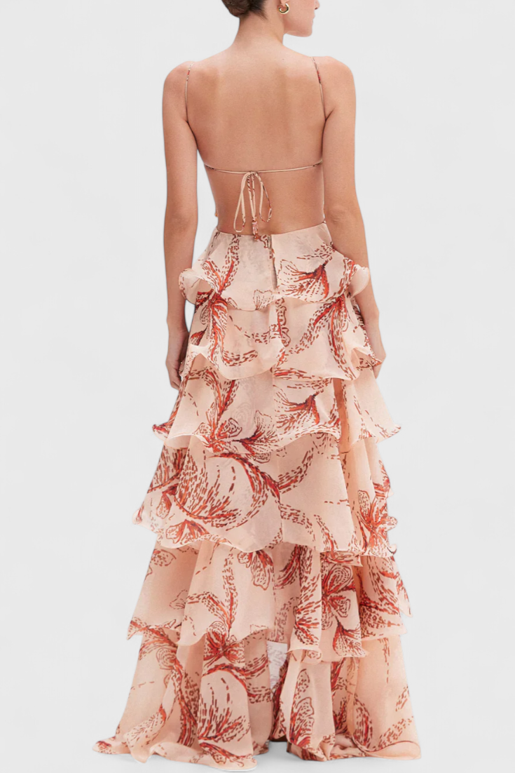 Vestido Juliette com Volantes e Decote em Forma de Pedra Preciosa