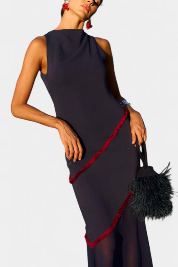 Orfila Midi Bodycon Suknelė su Šifonu ir Kontrastingais Akcentais