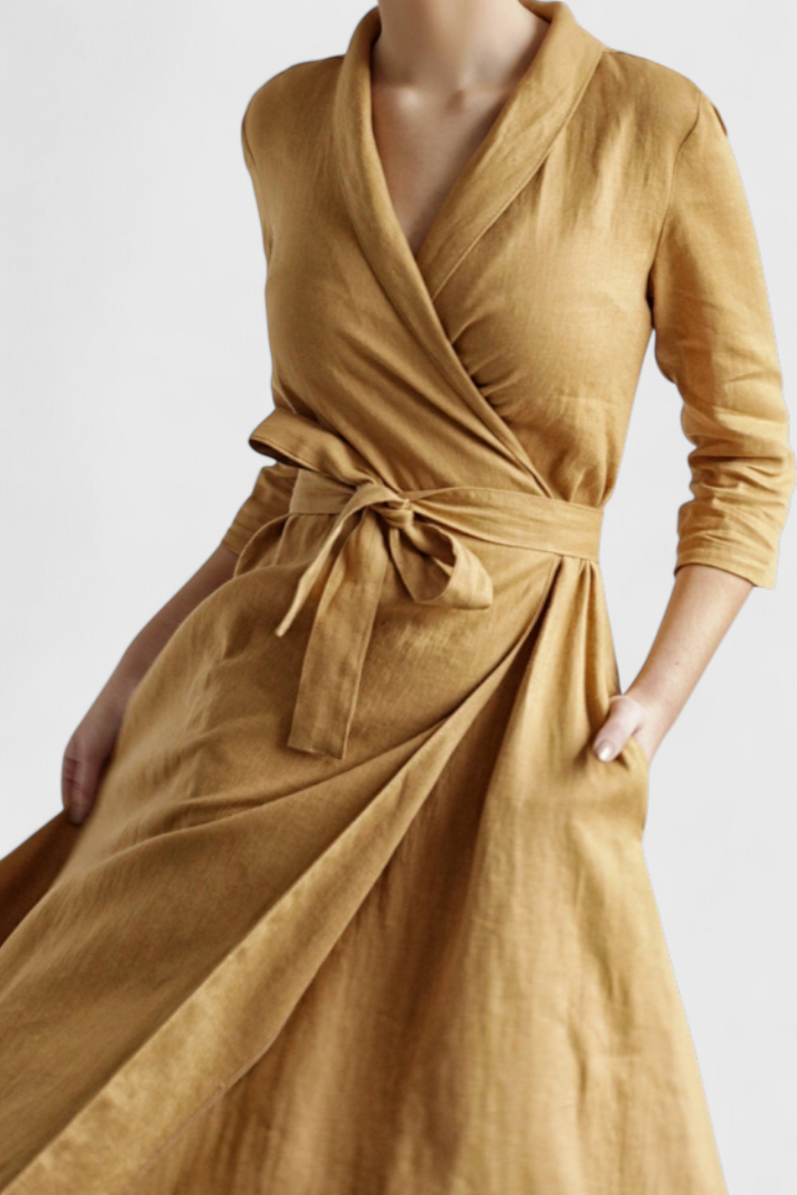 Sharon Midi Suknelė Vintage iš Medvilnės ir Lino su Atlenkiamu Apykakle