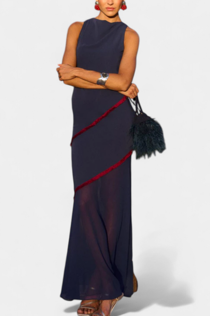 Orfila Midi Bodycon Suknelė su Šifonu ir Kontrastingais Akcentais