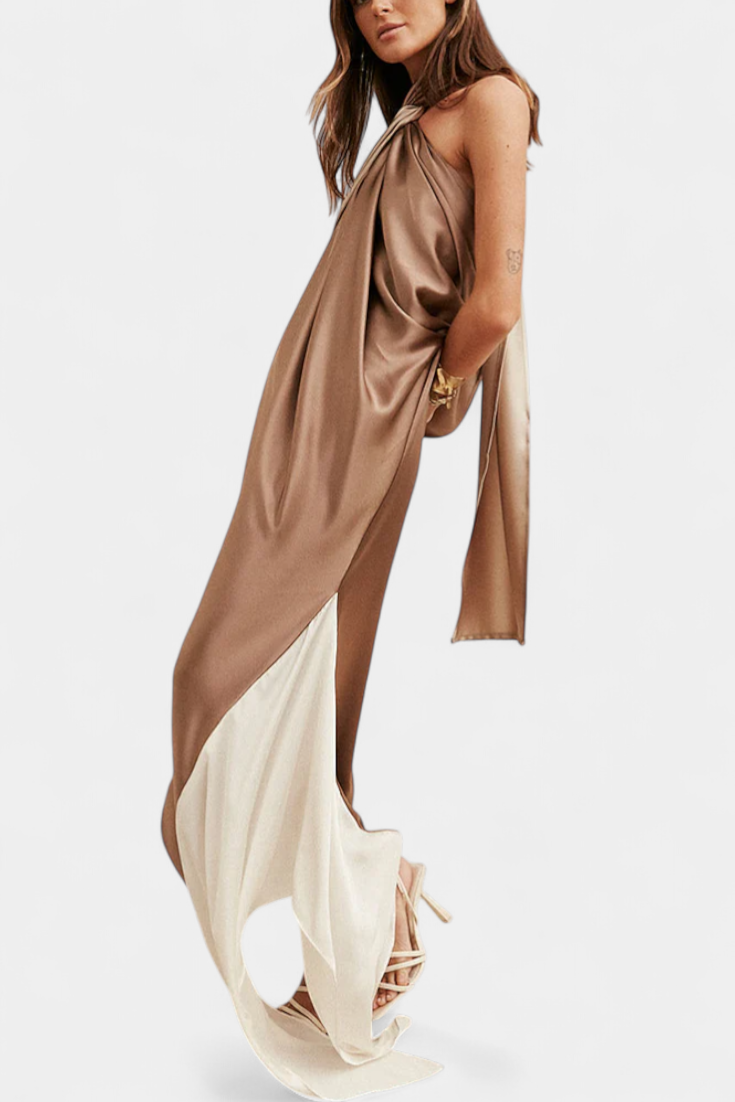 Rebekos Maxi Suknelė Su Neįprasta Spalvų Bloku ir Atvira Nugarėle