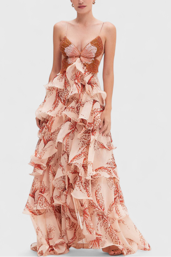 Vestido Juliette com Volantes e Decote em Forma de Pedra Preciosa