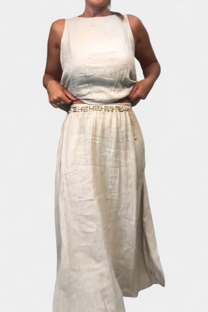 Conjunto Meliora de Linho e Algodão com Colete Sem Mangas e Saia Longa