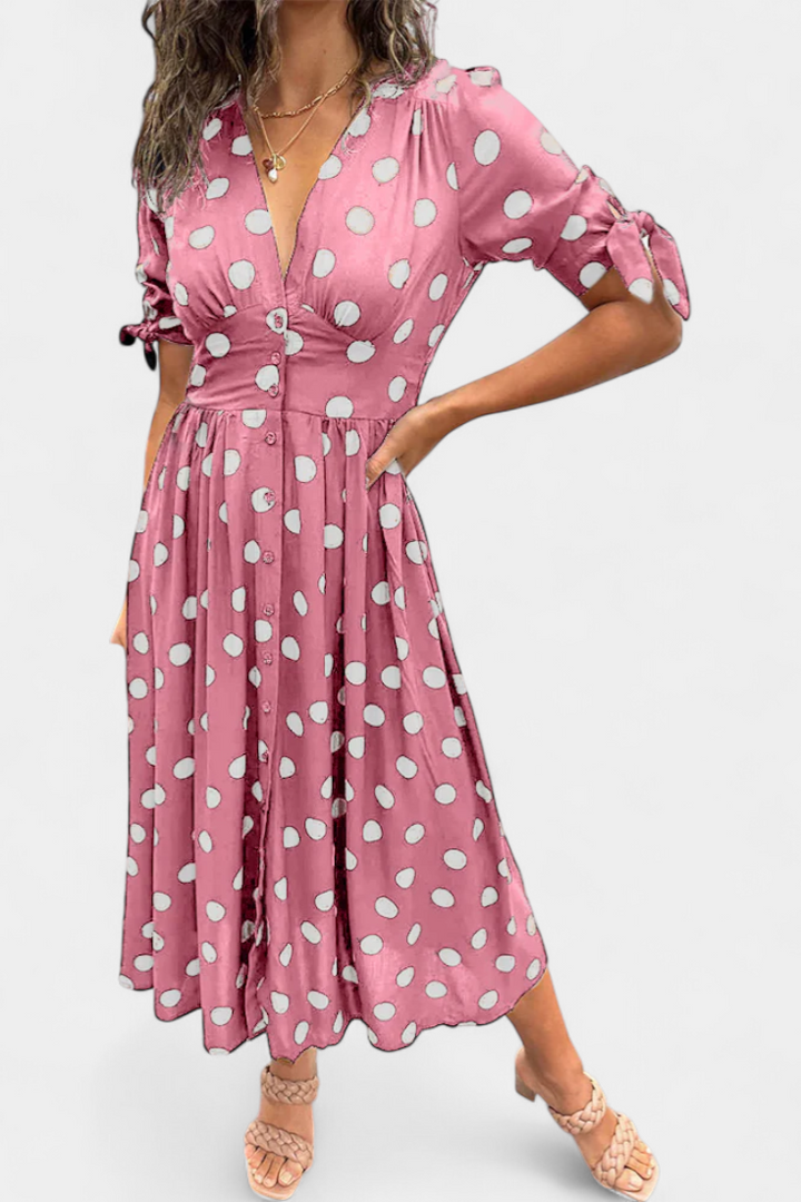 Lizzie Midi Suknelė Su Taškeliais ir Giliais V Formos Iškirptėmis