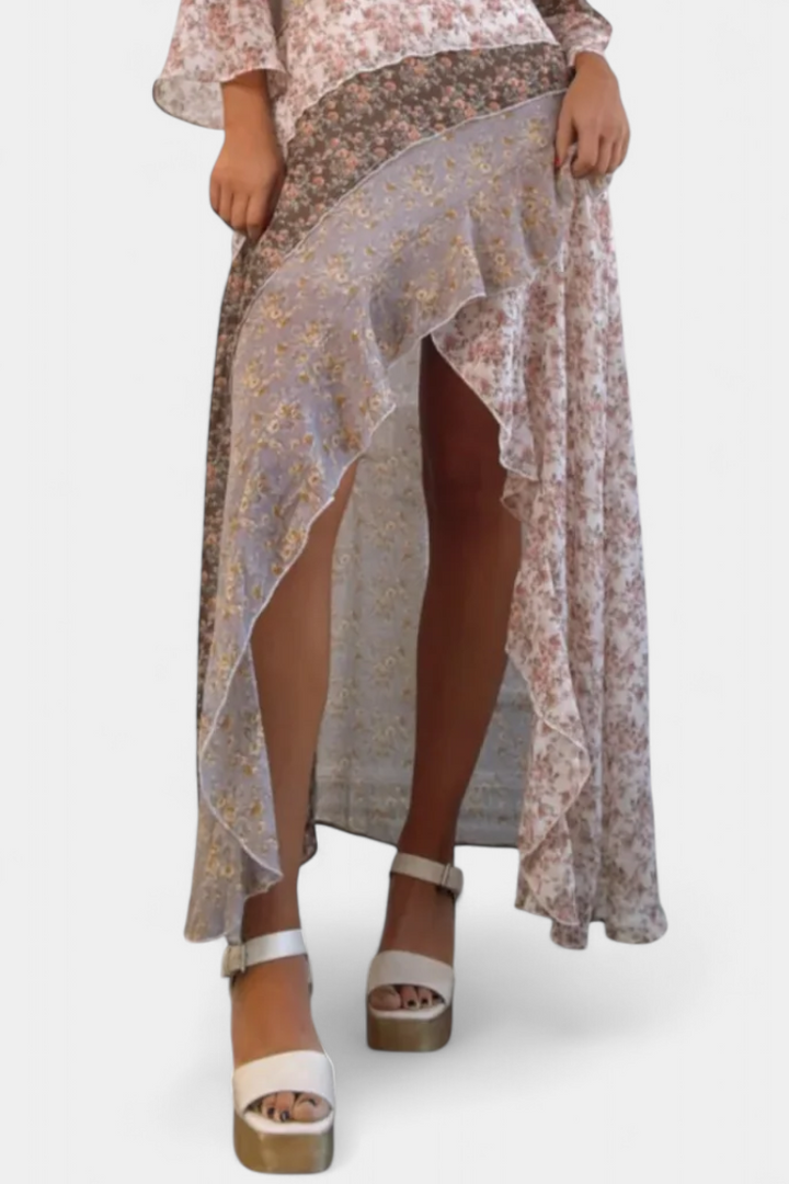 Ruth Garais Vestido de Flores com Mangas 3/4 e Bordas Assimétricas