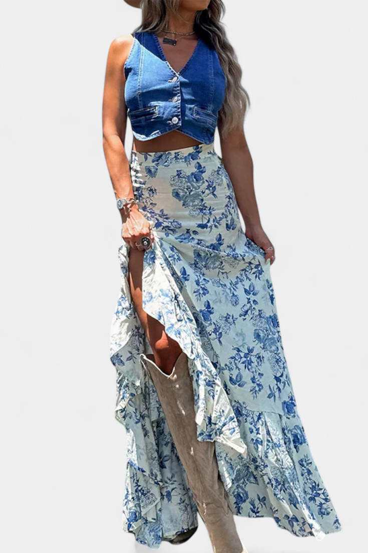 Kala Falda Maxi Gėlių arba Atvėrimų ir Volanų