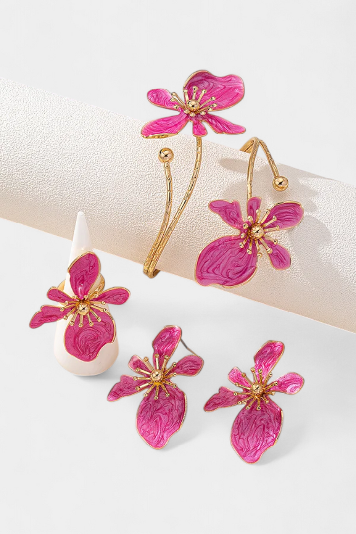 Gėlių Aksesuarų Komplektas: Apyrankė + Auskarai + Žiedai