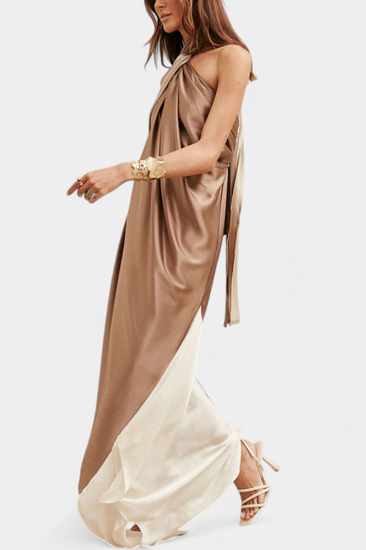 Rebekos Maxi Suknelė Su Neįprasta Spalvų Bloku ir Atvira Nugarėle