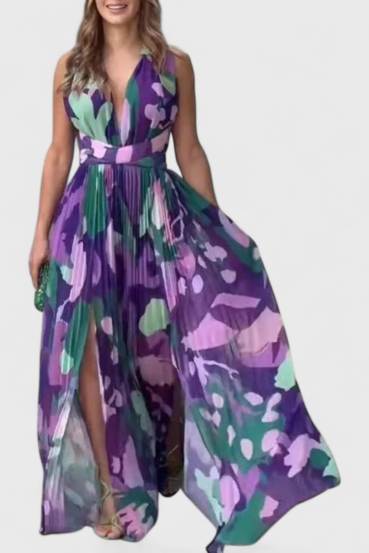 Cecil Garais Plisėtas Suknelė su Akvarelių Raštu ir Atvira Nugarą