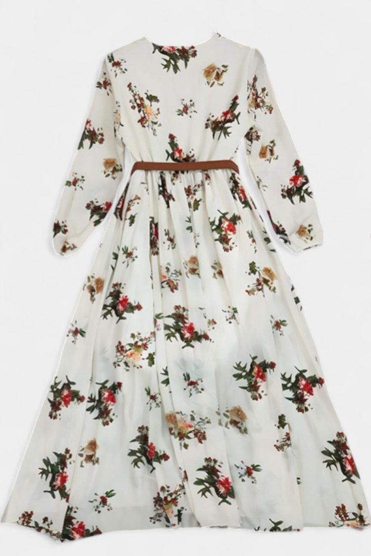 Amanda Maxi Gėlių Suknelė su V formos Dekolte ir Ilgomis Rankovėmis