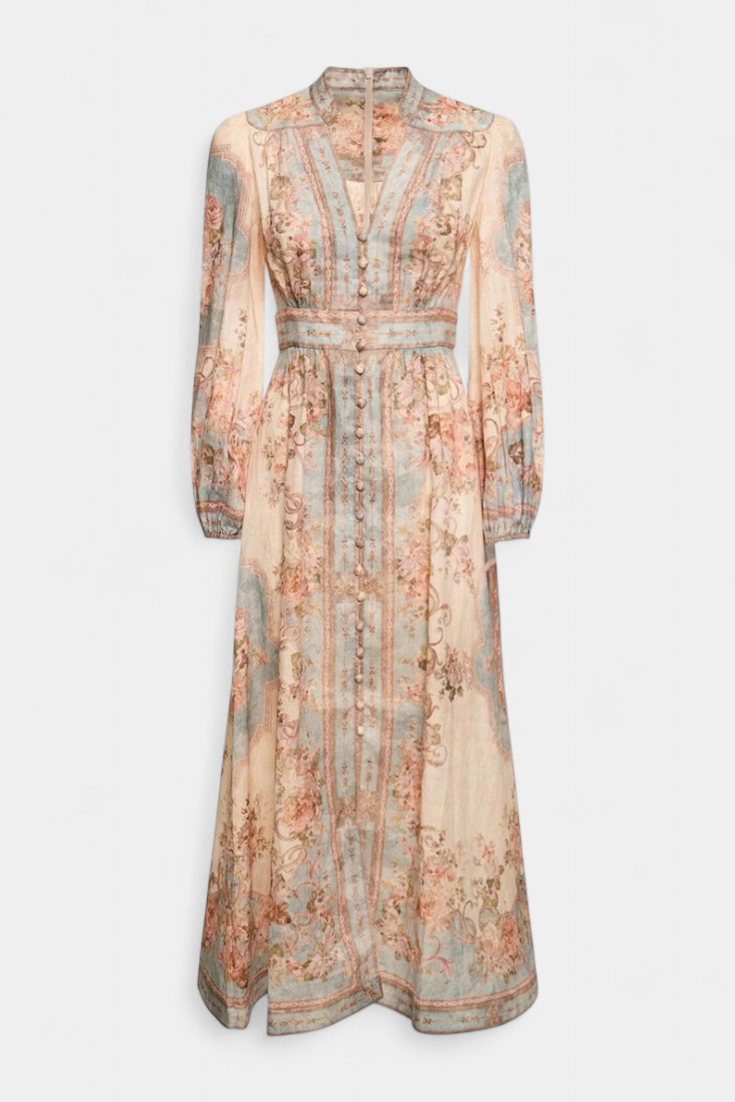 Vestido Maxi Dorotila com Estampa Floral, Botões e Mangas Puff