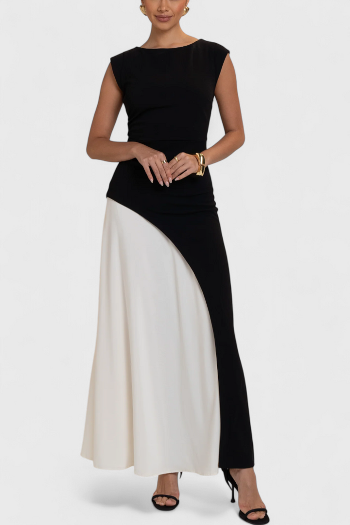 Mallory Dviejų Spalvų Midi Suknelė su Tiesiu Kirpimu ir Apibrėžtu Siluetu