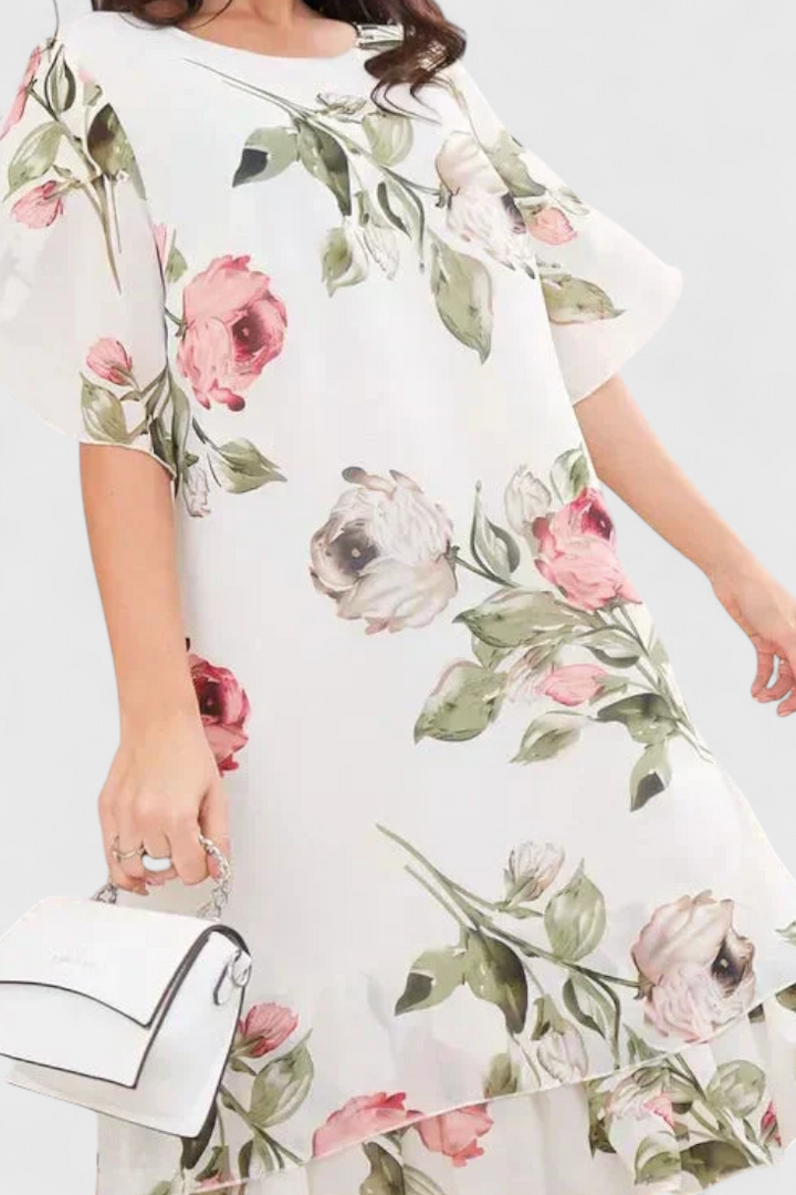 Tameka Oro Suknelė su Žiedlapiais ir Permatomomis Rankovėmis