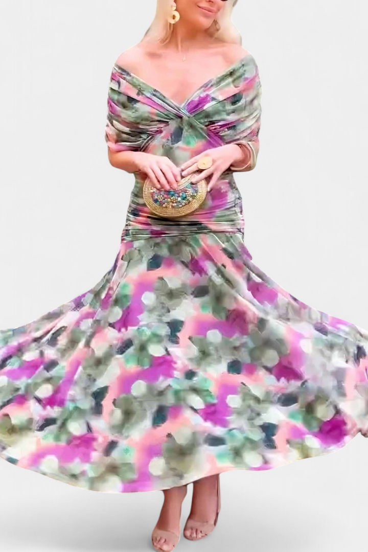 Alondra Garbės Suknelė su Gėlių Fantazijos Raštu ir V-formos Dekolte