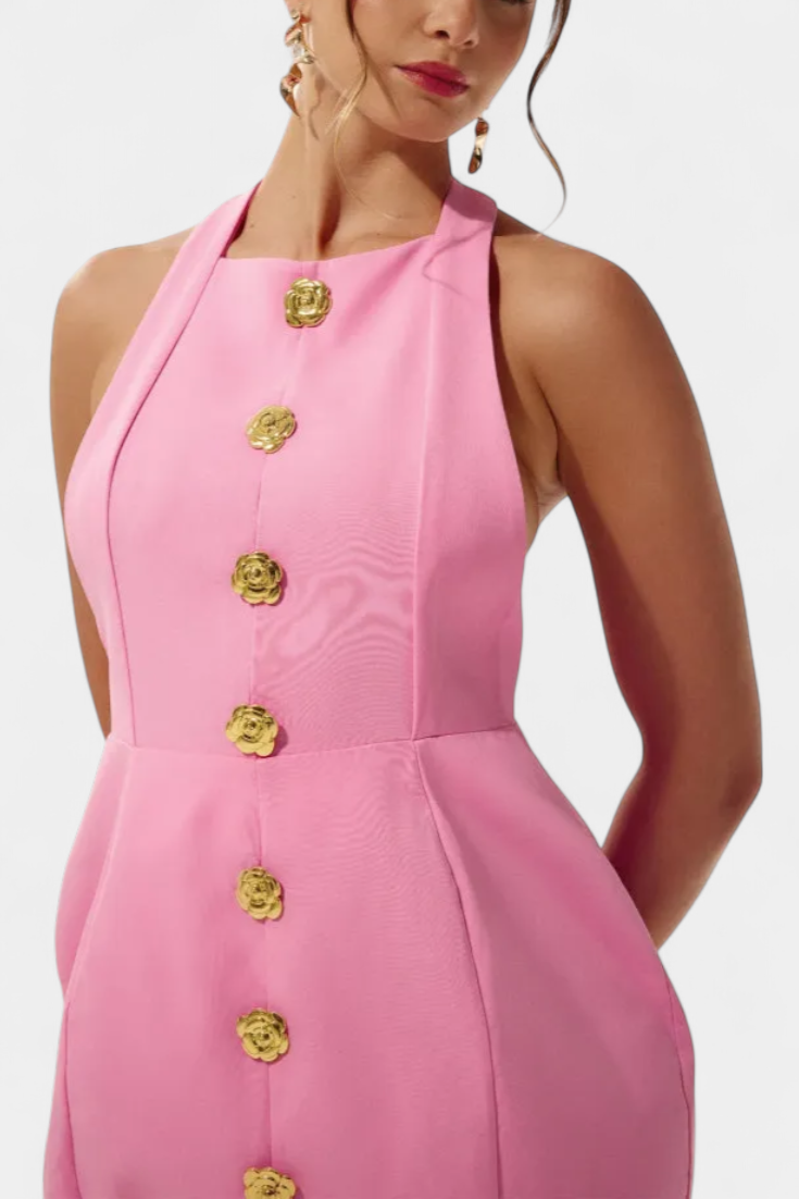 Yvonne Mini Suknelė su Halteriu ir Atvira Nugarą su Gėlių Detalėmis