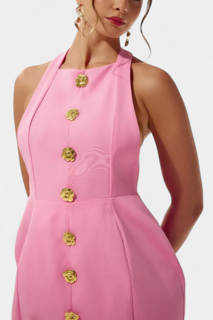 Yvonne Mini Suknelė su Halteriu ir Atvira Nugarą su Gėlių Detalėmis