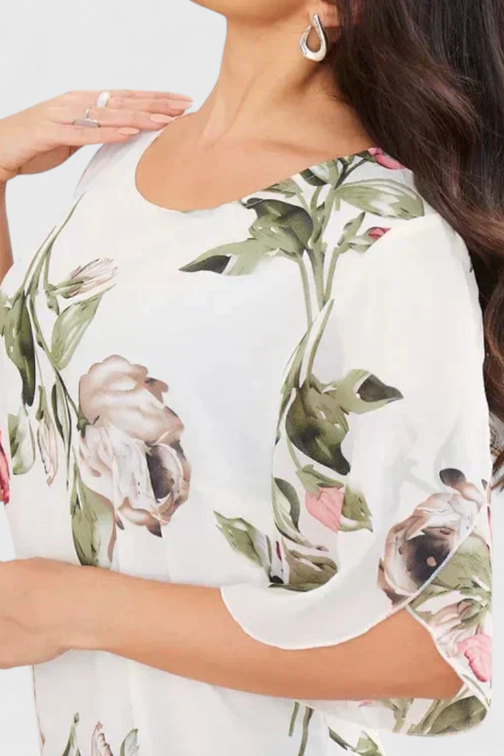 Tameka Oro Suknelė su Žiedlapiais ir Permatomomis Rankovėmis