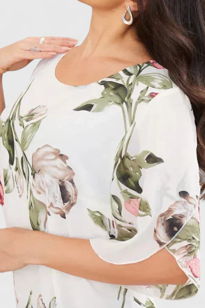 Tameka Oro Suknelė su Žiedlapiais ir Permatomomis Rankovėmis