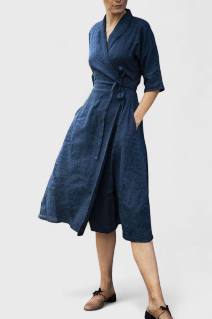 Sharon Midi Suknelė Vintage iš Medvilnės ir Lino su Atlenkiamu Apykakle