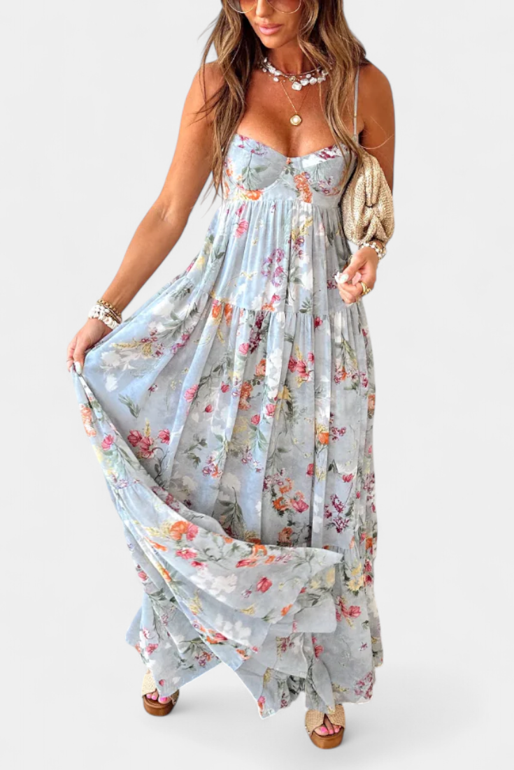 Neha Gėlių Suknelė su Atvira Nugarėle ir Plonomis Petnešomis