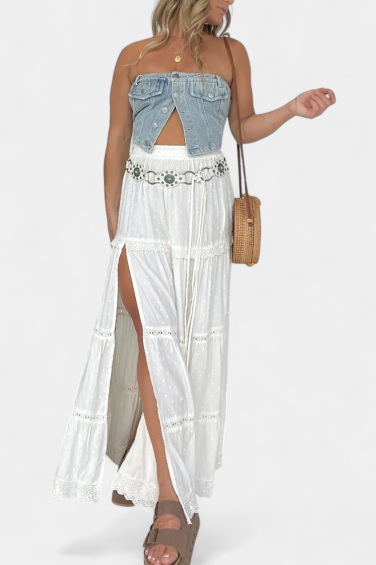 Dola Falda Maxi Boho su Nėriniais ir Priekiniais Išpjovomis