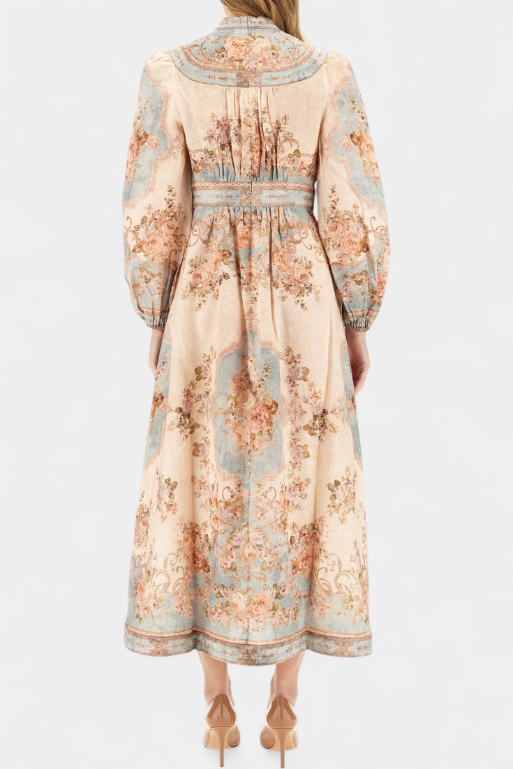 Vestido Maxi Dorotila com Estampa Floral, Botões e Mangas Puff