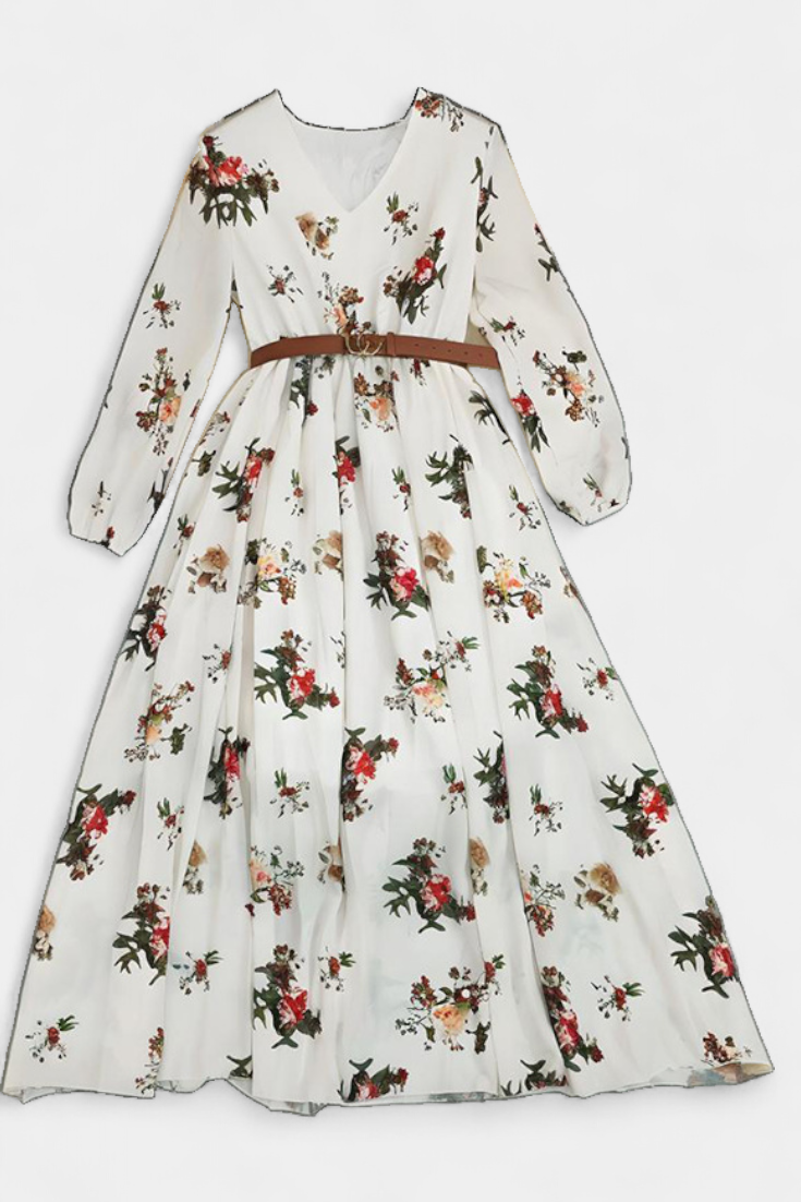 Amanda Maxi Gėlių Suknelė su V formos Dekolte ir Ilgomis Rankovėmis