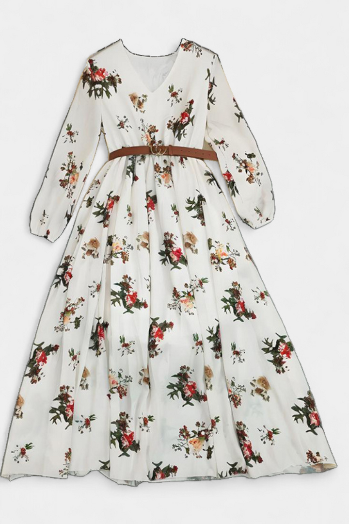 Amanda Maxi Gėlių Suknelė su V formos Dekolte ir Ilgomis Rankovėmis