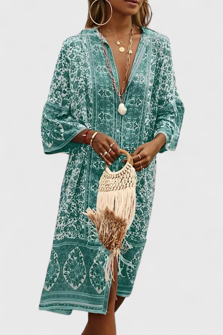 Vestido Boho Chinara Garais com Bordado Étnico e Silhueta Solta