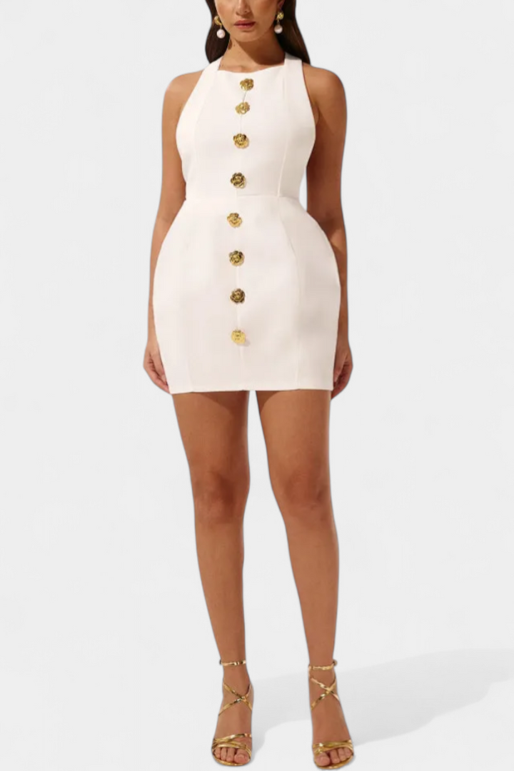 Yvonne Mini Suknelė su Halteriu ir Atvira Nugarą su Gėlių Detalėmis