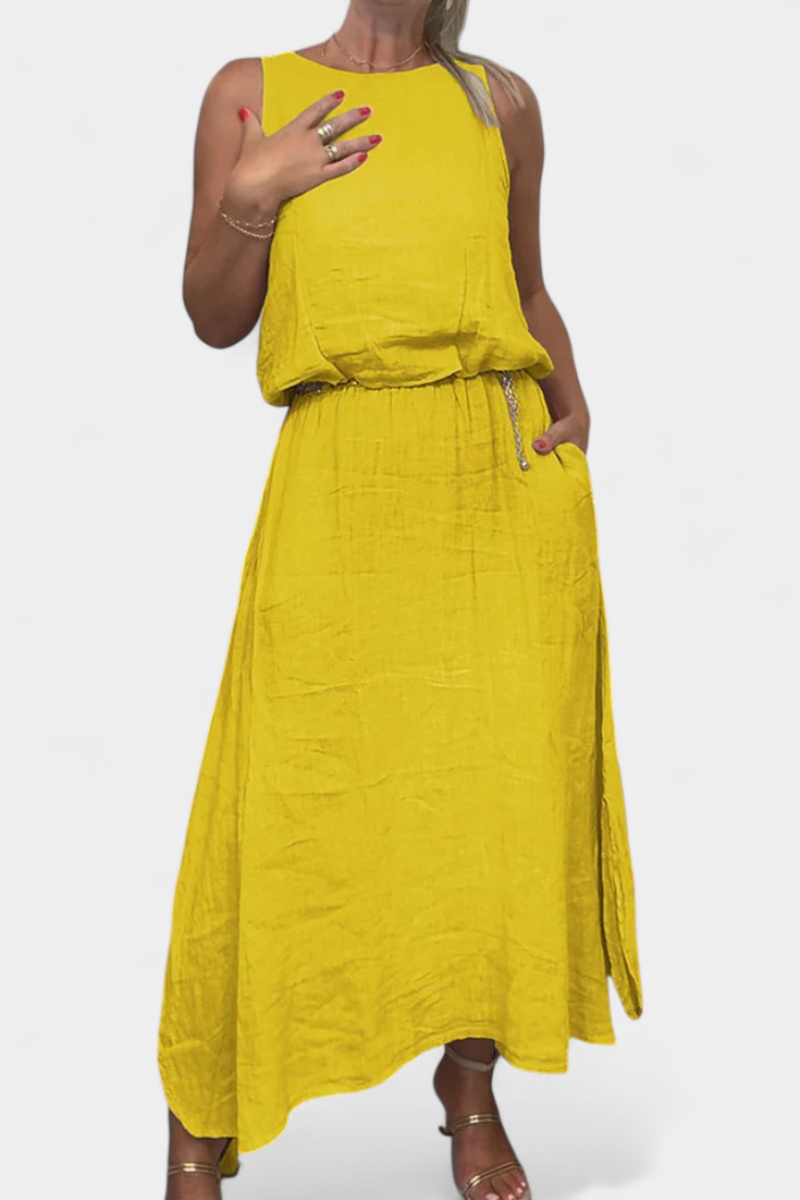 Conjunto Meliora de Linho e Algodão com Colete Sem Mangas e Saia Longa