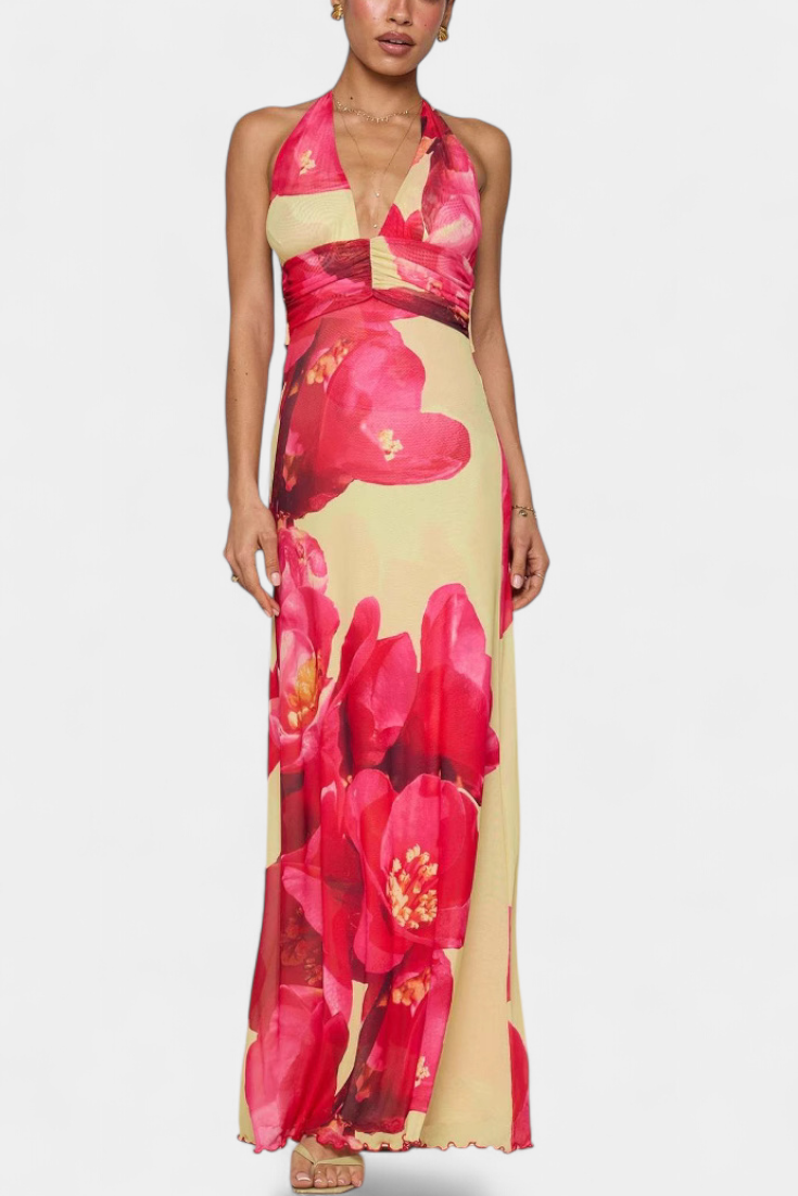 Vestido Maxi Melodija com Poás e Decote Halter