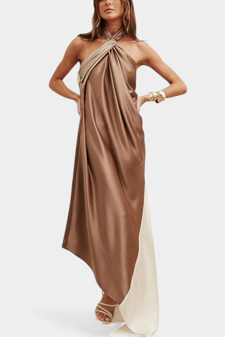 Rebekos Maxi Suknelė Su Neįprasta Spalvų Bloku ir Atvira Nugarėle