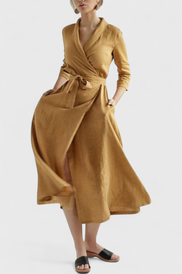 Sharon Midi Suknelė Vintage iš Medvilnės ir Lino su Atlenkiamu Apykakle