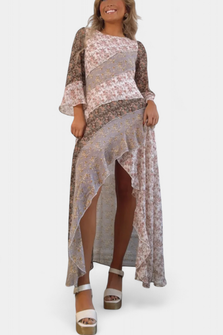 Ruth Garais Vestido de Flores com Mangas 3/4 e Bordas Assimétricas