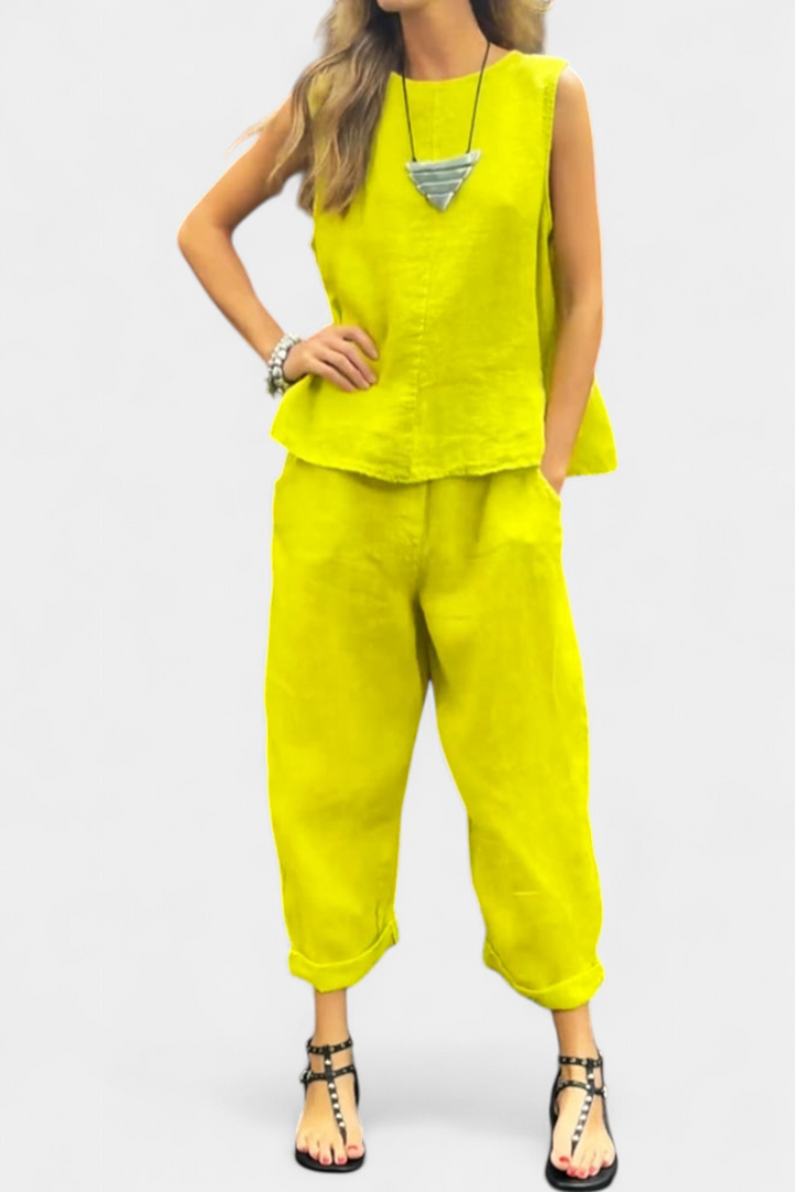 Leona sem mangas, linho de algodão, colete e calças