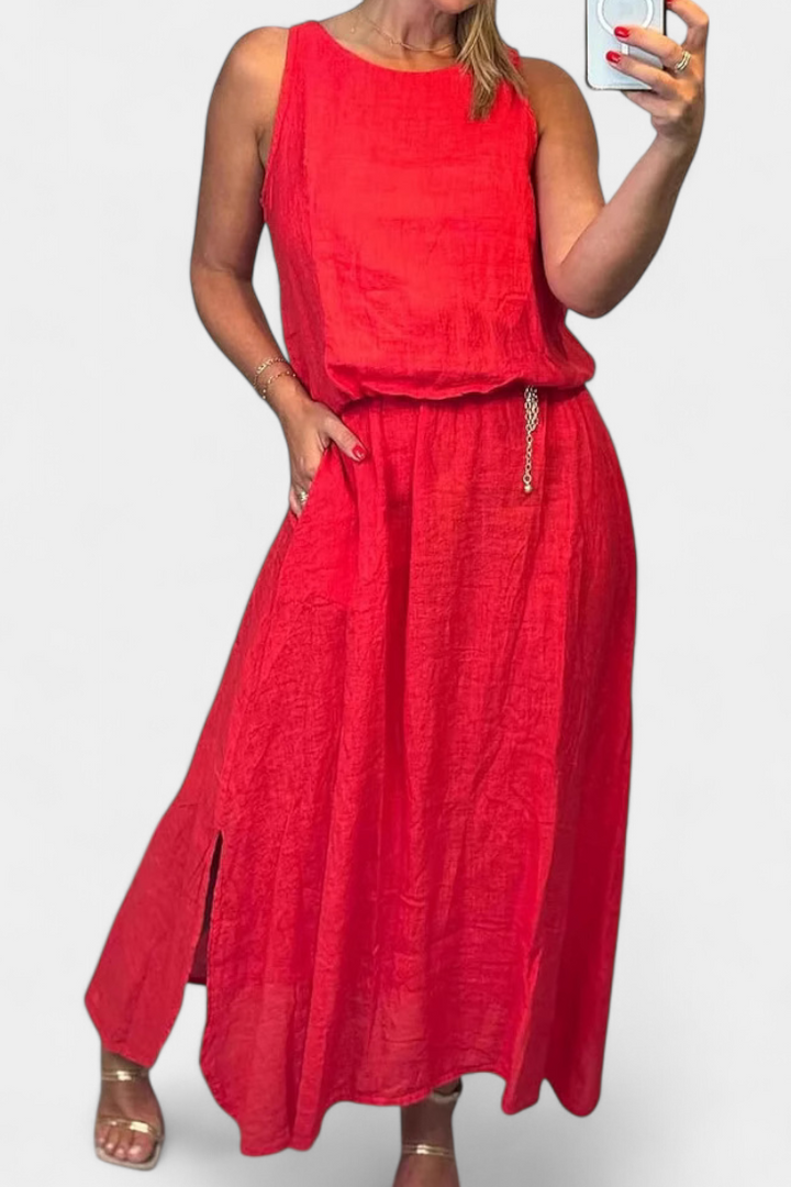 Conjunto Meliora de Linho e Algodão com Colete Sem Mangas e Saia Longa