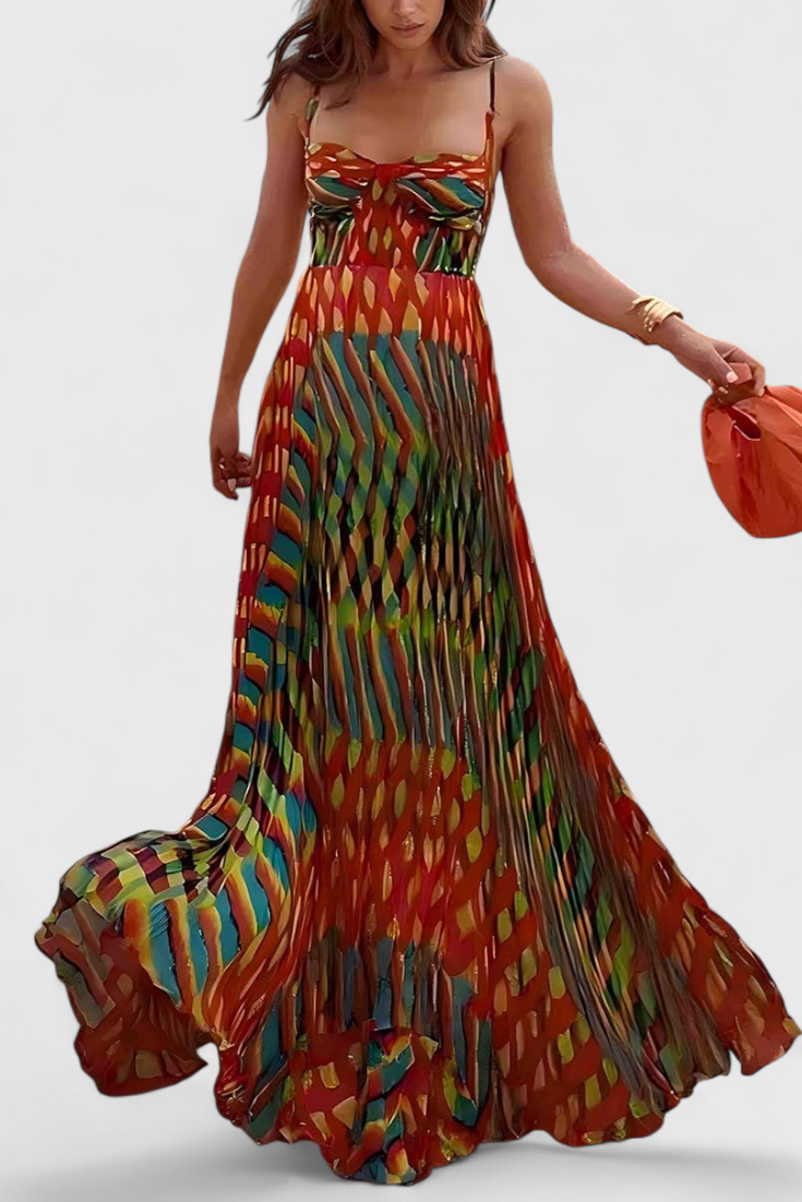 Vestido Janis Maxi com Padrão Artístico e Decote Halter em Forma de Coração