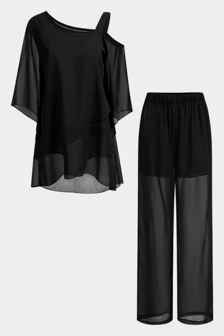 Katės Dviejų Dalių Komplektas su Atvirais Petnešomis ir Plūstančiu Siluetu