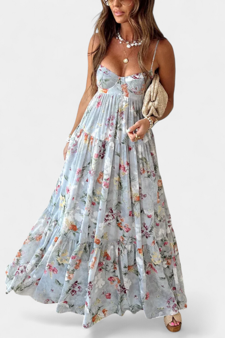 Neha Gėlių Suknelė su Atvira Nugarėle ir Plonomis Petnešomis