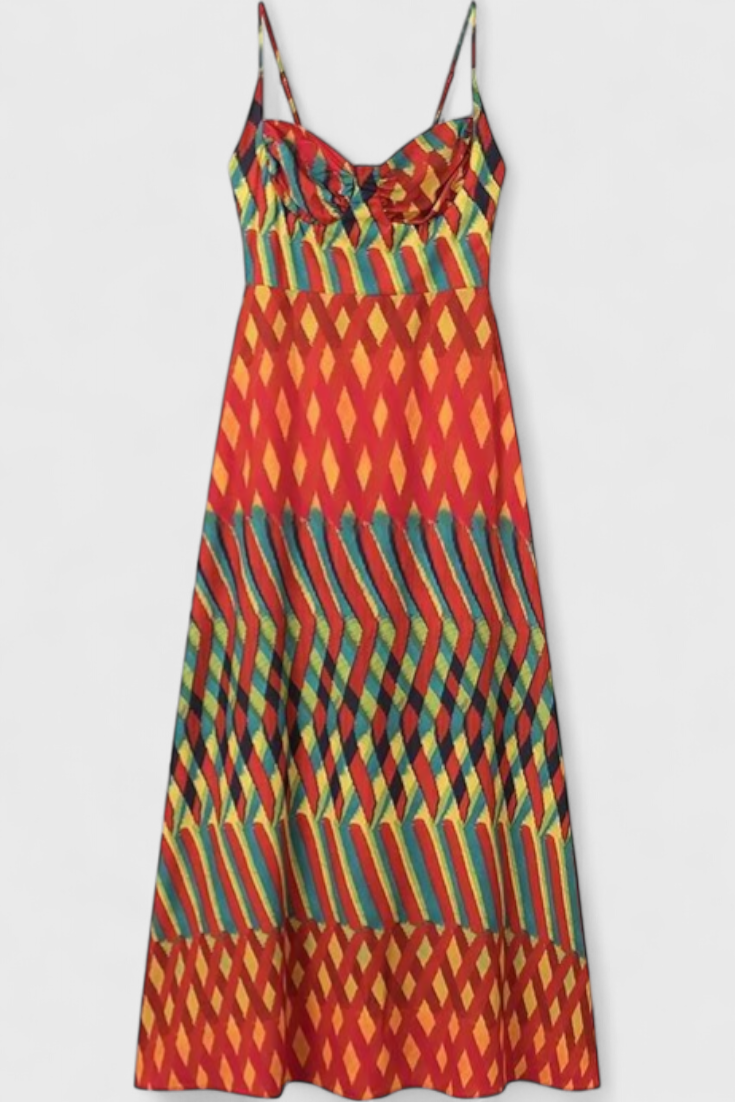 Vestido Janis Maxi com Padrão Artístico e Decote Halter em Forma de Coração