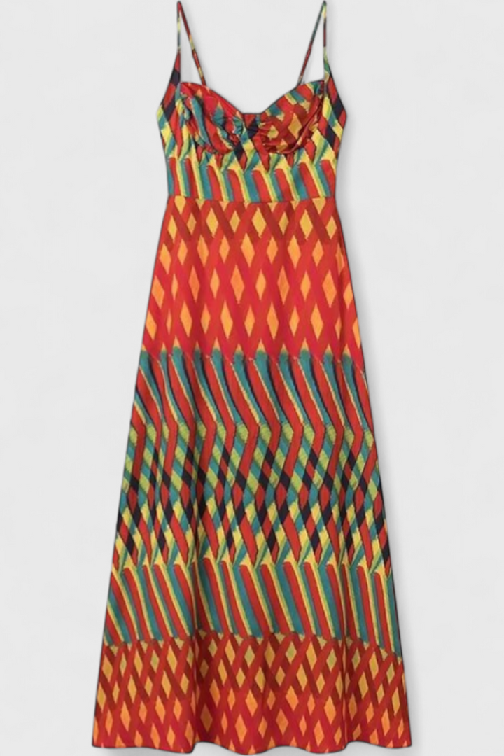 Vestido Janis Maxi com Padrão Artístico e Decote Halter em Forma de Coração