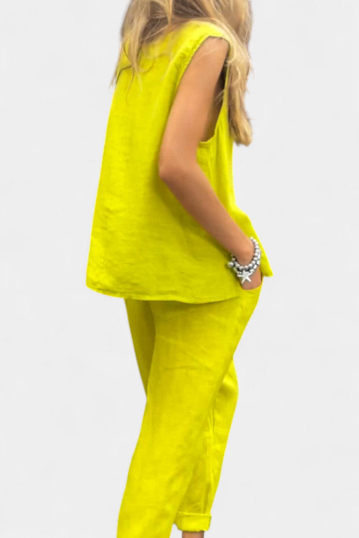 Leona sem mangas, linho de algodão, colete e calças