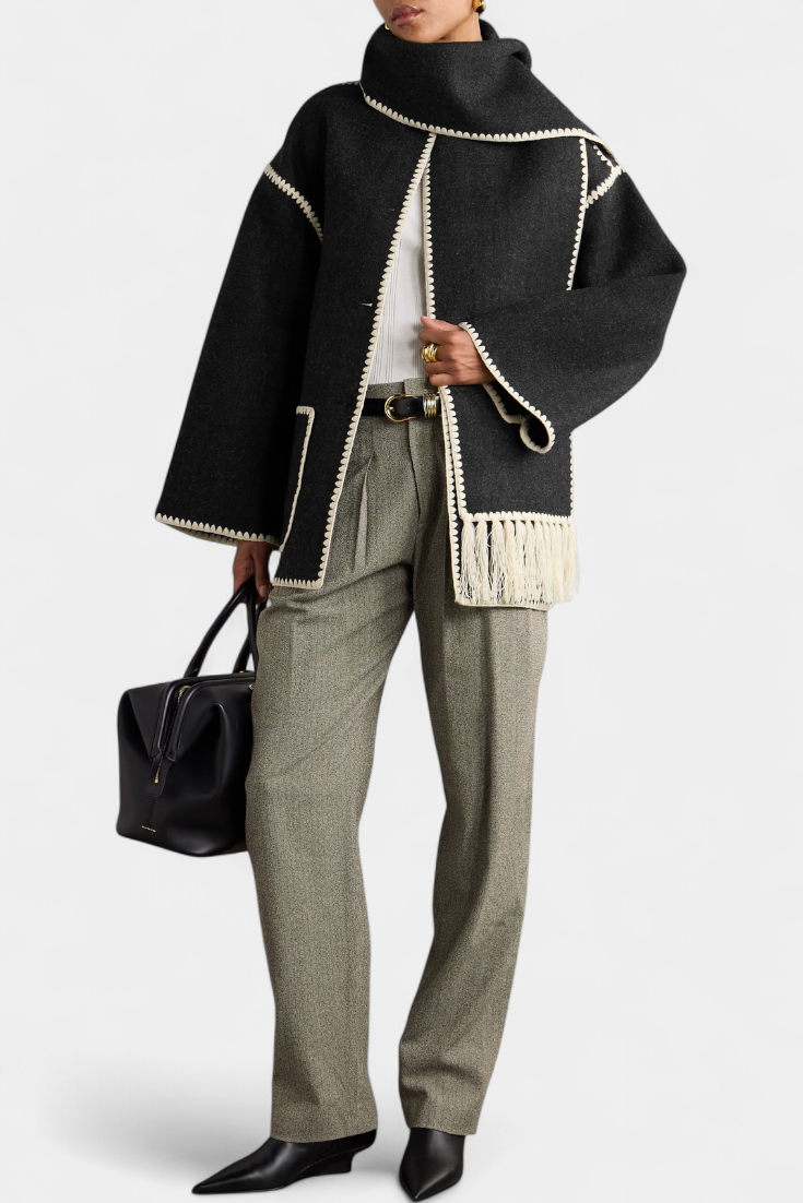 Pauline | Casaco de Lã com Xale Franjado Embutido