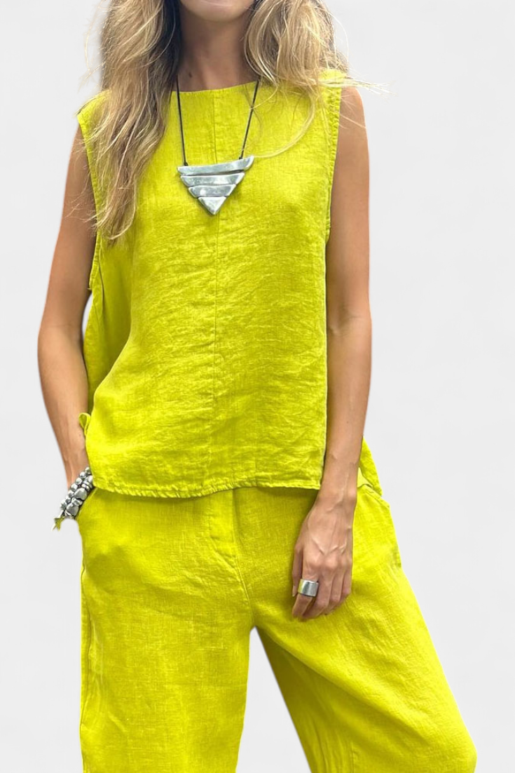 Leona sem mangas, linho de algodão, colete e calças