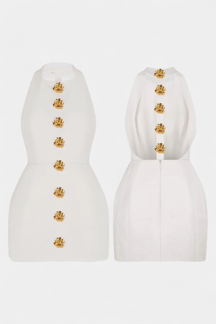 Yvonne Mini Suknelė su Halteriu ir Atvira Nugarą su Gėlių Detalėmis