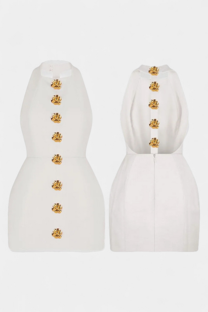 Yvonne Mini Suknelė su Halteriu ir Atvira Nugarą su Gėlių Detalėmis