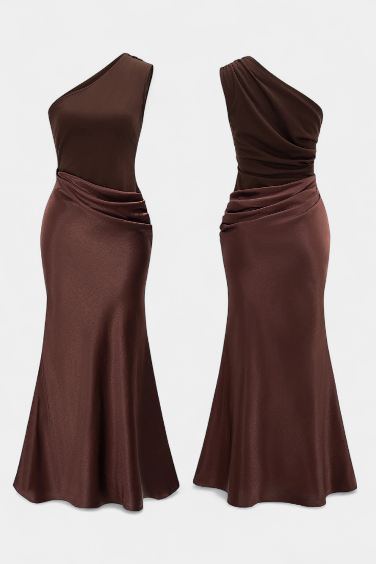 Vestido de Veludo Longo com Decote de Um Ombro