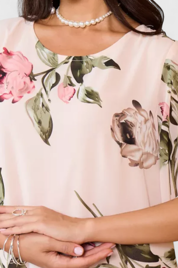 Tameka Oro Suknelė su Žiedlapiais ir Permatomomis Rankovėmis