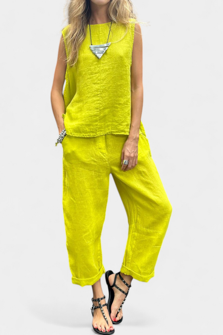 Leona sem mangas, linho de algodão, colete e calças